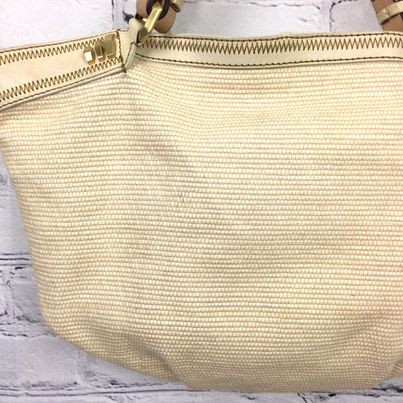 OrYany Cream Leather Trim Double Handle Tweed Fabric Zip  OrYany Cream Leather Trim Double Handle Tweed Fabric Zip Lined Handbag